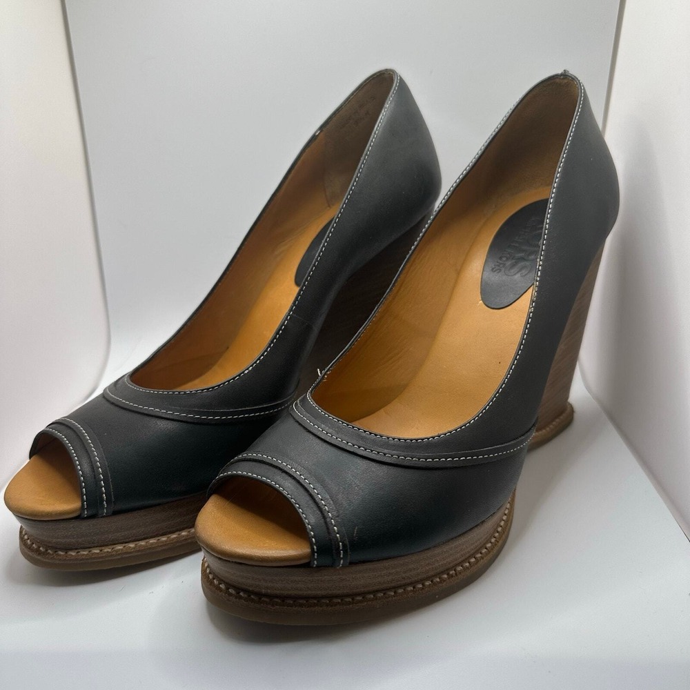 Michael Kors Newton Black Wedge Heel Pep Toe Leather Shoes SZ 9.5